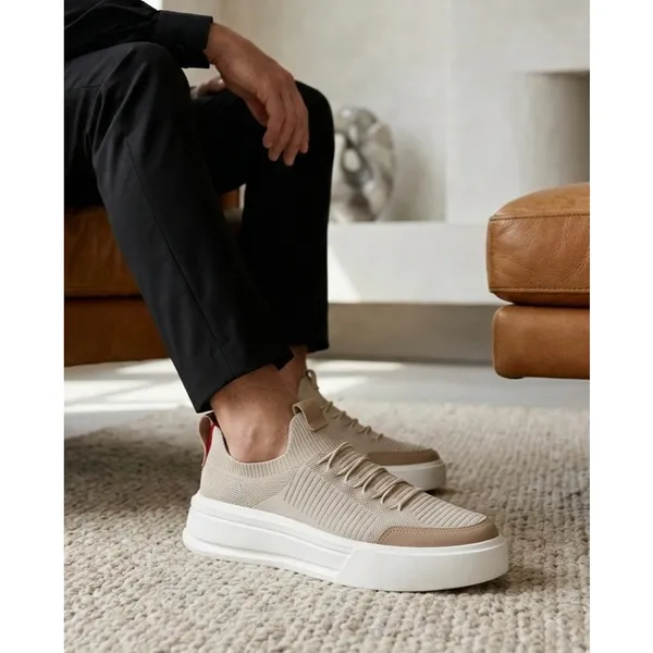 Tênis Masculino Cadarço Elástico Sapatênis Meia Knit Couro Sintético Tecido