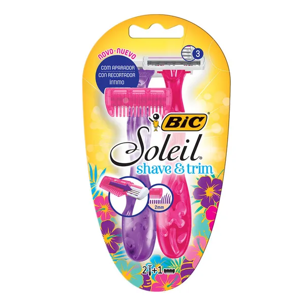 DEPILADOR DESCARTÁVEL SOLEIL ROSA E ROXO 2 UNIDADES + APARADOR BIC