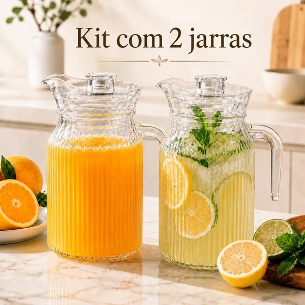 KIT 2 JARRAS DE VIDRO BELLA COM TAMPA ACRÍLICA PARA ÁGUA SUCO DRINKS REFRIGERANTE GELADEIRA COZINHA