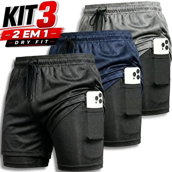 Kit 3 Shorts 2 em 1 Dryfit Masculino