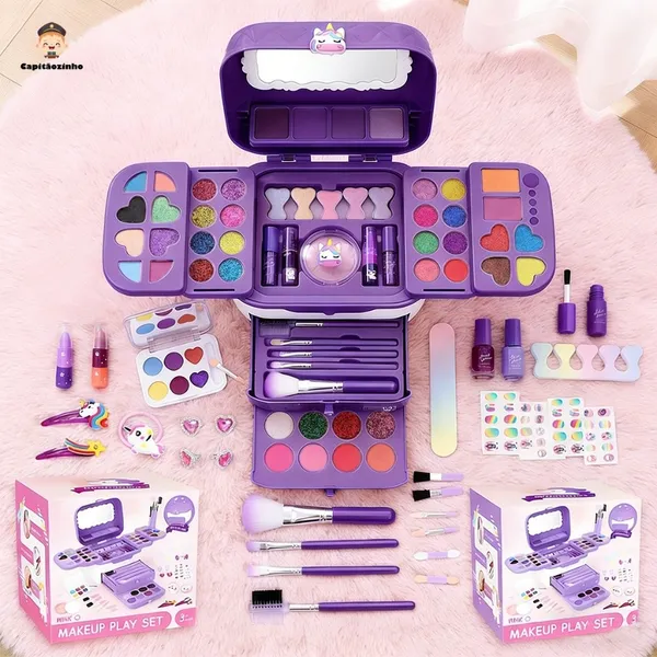 Kit Brinquedo de Maquiagem Infantil 72 Peças Lavável Não Tóxico Portátil Para Meninas Presente Aniversário