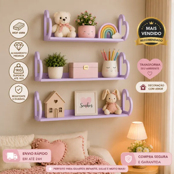 KIT 3 PRATELEIRAS MODELO AMOR CORAÇÕES DECORAÇÃO QUARTO SALA