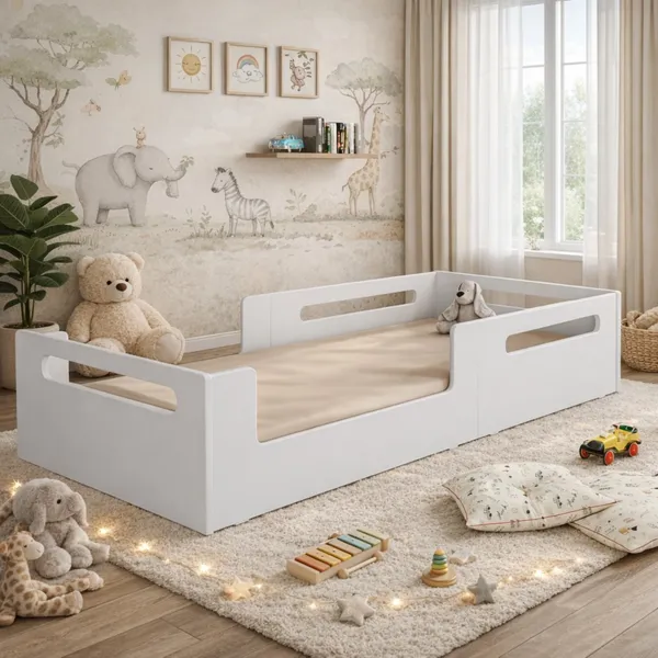 Cama Montessoriana Infantil Solteiro Com Grade Segurança Para Quarto de Criança em Mdf