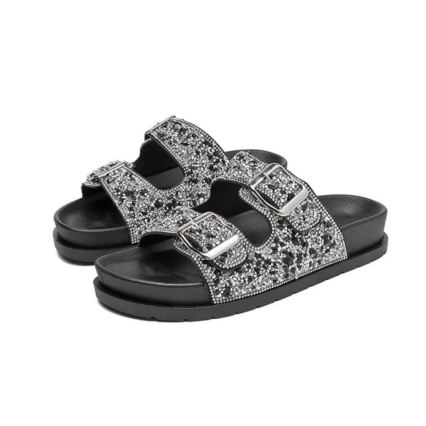 Sandália Birken Papete Feminina Luxo Strass Fivelas Ajustáveis Conforto Verão 2026 Meijile