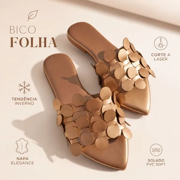 Sandalia Rasteirinha Feminina Bico Folha Rose Gold Corte a Laser Conforto Casual Elegante