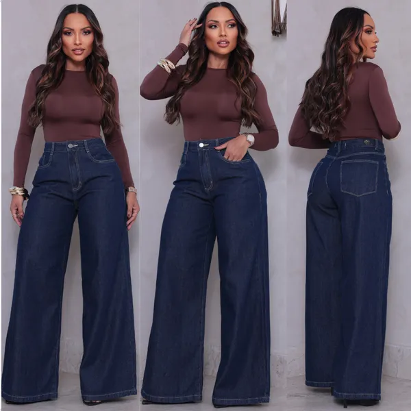 Calça Jeans Pantalona Feminina Boca de Sino Cintura Alta Confortável 100% Algodão Premium