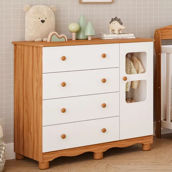Cômoda de Bebê Infantil 1 Porta com Janela 4 Gavetas 100% MDF Uli