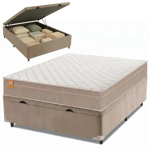 Cama Box  Baú Casal Colchão Molas Qatar 138x188x63cm Bege/Branco Inducol - Suporta Até 200 Kg Por Pessoa