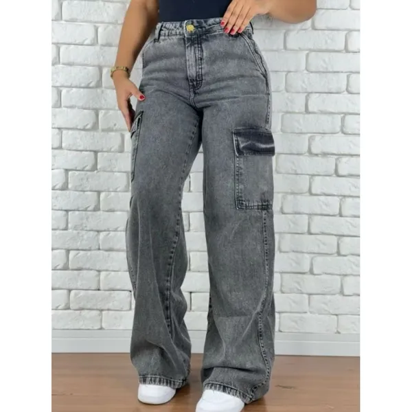Calça Cargo feminina Jeans Grafite Super tendencia Larga Bolso Na Lateral Cintura Alta Sem Lycra