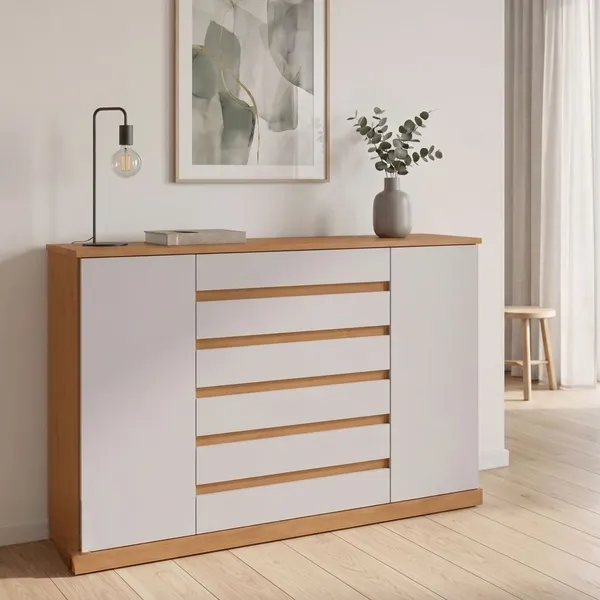 Comoda Vedra 7 Gavetas 2 Portas Amendoa Clean/Off White