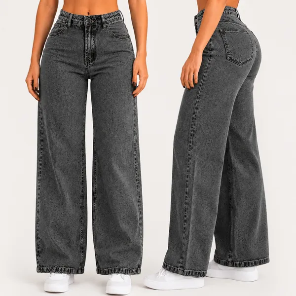 Calça Jeans Feminina Wide Leg Cintura Alta Pantalona Boca Larga Perna Ampla
