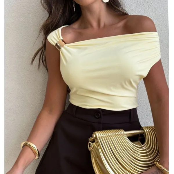 Blusa Feminina Elegante Suplex Premium Fivela Dourada Casual Trabalho Social Ombro a Ombro  Ciganinha