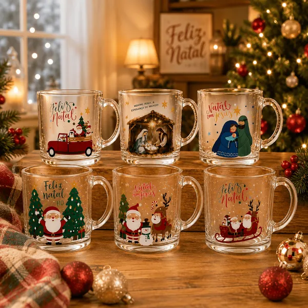 Kit Até 6 Canecas de Vidro Natal 320 ml Estampas Sortidas Festa