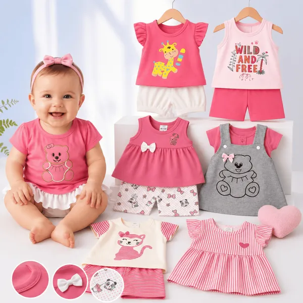 Kit 6 Peças Menina  Bebê Infantil Peças de Roupas Verão Infantil Fashion Short Blusa Algodão