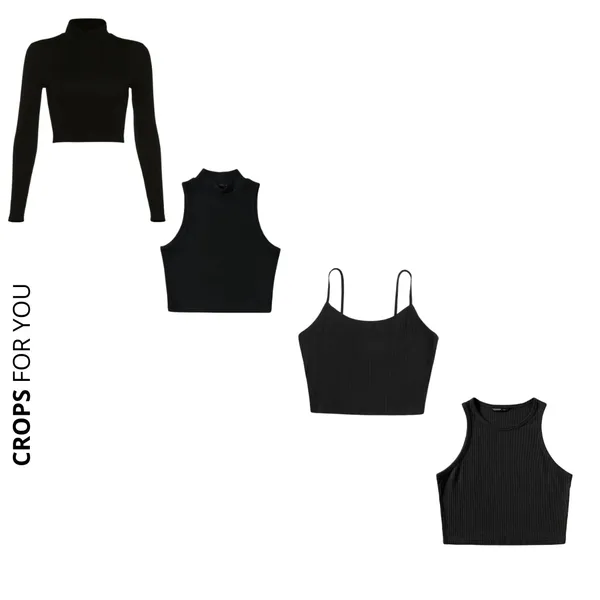 Kit 4 Croppeds Modelos Variados, Manga longa, Gola Alta, Alcinha e Regata Canelados