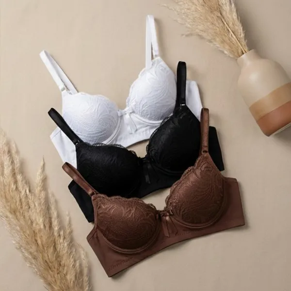 Kit c/3 Sutiã com Bojo Rendado Feminino Sustentação com Alças Ajustáveis