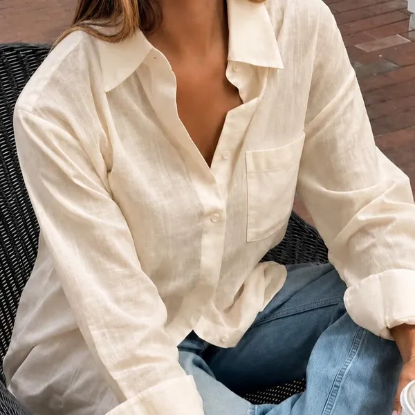 Camisa de feminina tecido linho  manga longa classico basico e versatil Leve, Solta e Casual