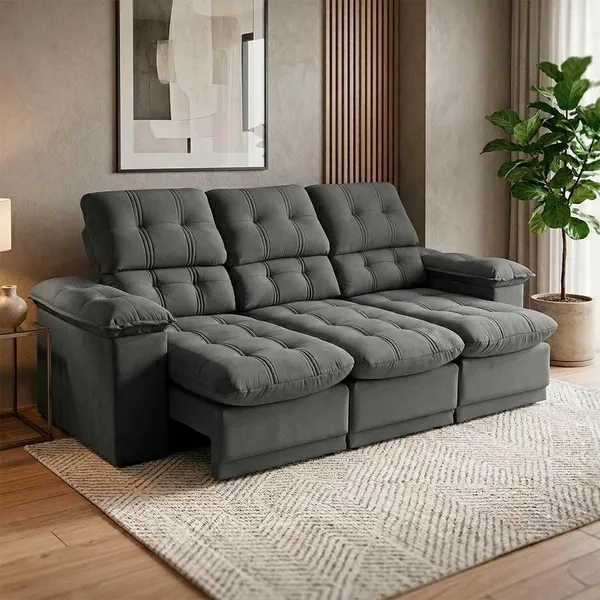 Sofá Retrátil Reclinável Atenas 2,30m Suede Velut Cinza c/ Molas no Assento - King House