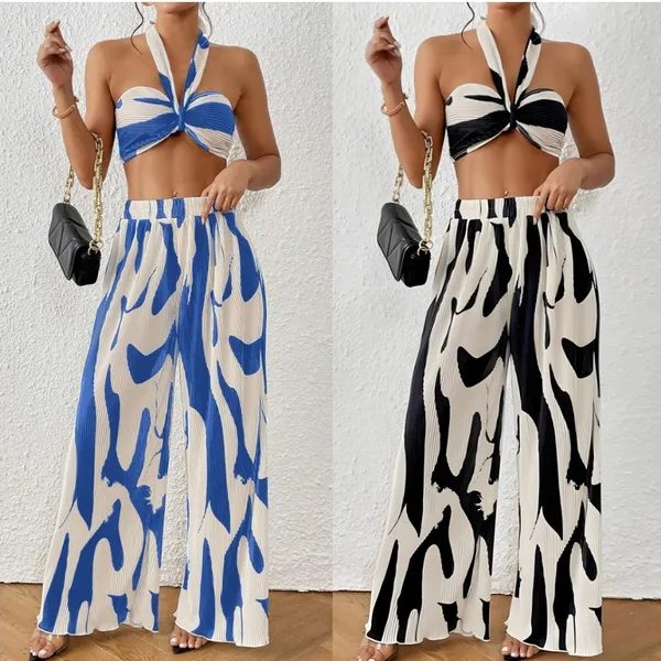 Roupa 2 Peças Feminina Casual Sem Tie Back Plissado Costas Nuas Estampa Total Pantalona Estampada