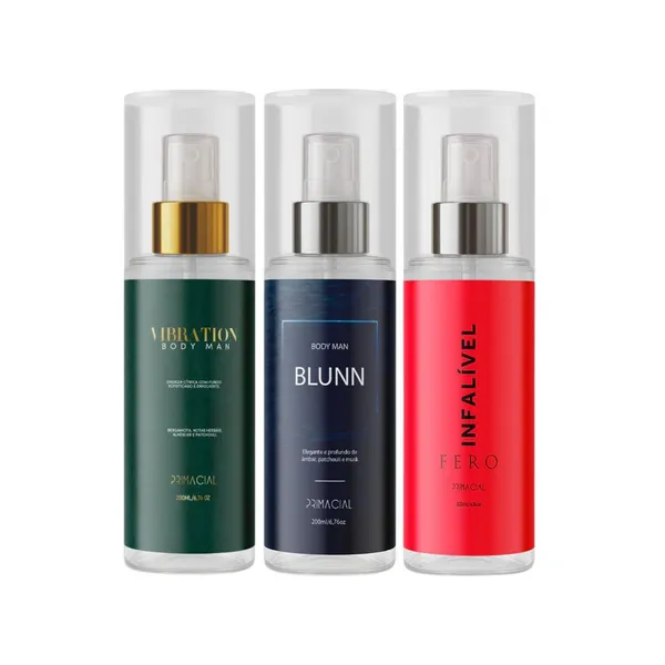 KIT BODY SPLASH MASCULINO VIBRATION + BLUNN + INFALÍVEL FERO 200ML - PERFUME CÍTRICO AMADEIRADO AQUÁTICO
