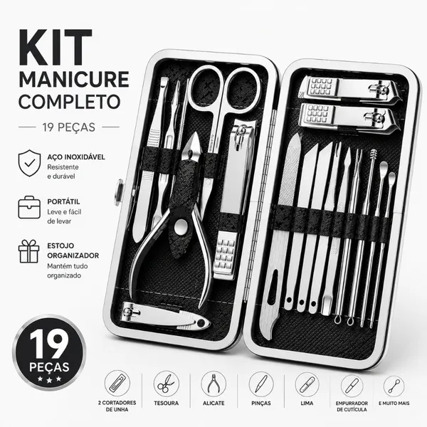 Kit Manicure Completo com Estojo Portátil 12/16/19 Peças Cortador de Unha Alicate Tesoura Pinça