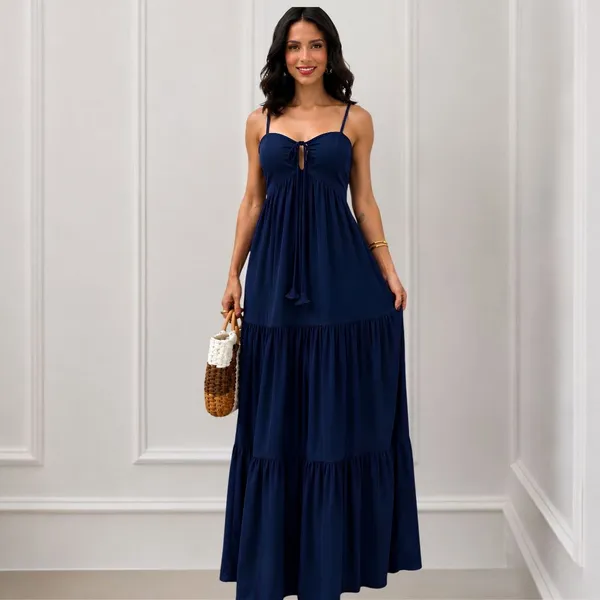 Vestido Longo Feminino Rodado Decote ​Com Amarração com Lastex nas Costas Moda 2026 Blogueirinha