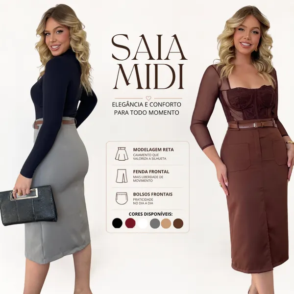 Saia Midi Alfaiataria Com Cinto Feminino Fenda e Bolsos Frontais Sofisticação e Versatilidade em Uma Só Peça.