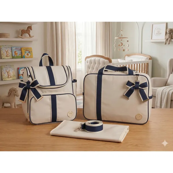 Kit Bolsa Maternidade Luxo 3 Peças com Laço e trocador Elegante e Funcional