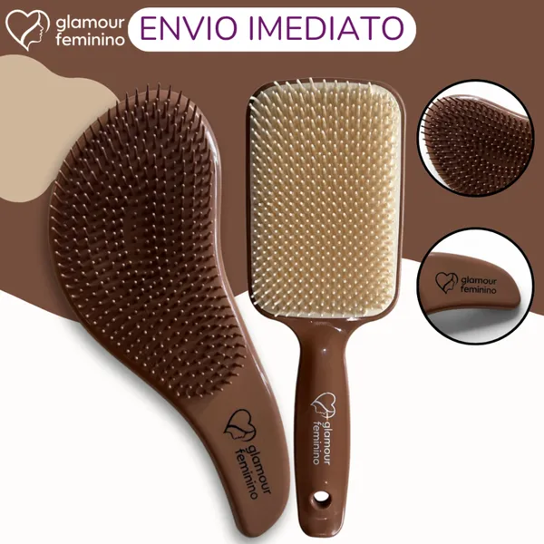 Kit 1 Escova Raquete Premium + 1 Escovas Mágicas Premium - Anti Frizz - De Desembaraçar Cabelo - Glamour Feminino