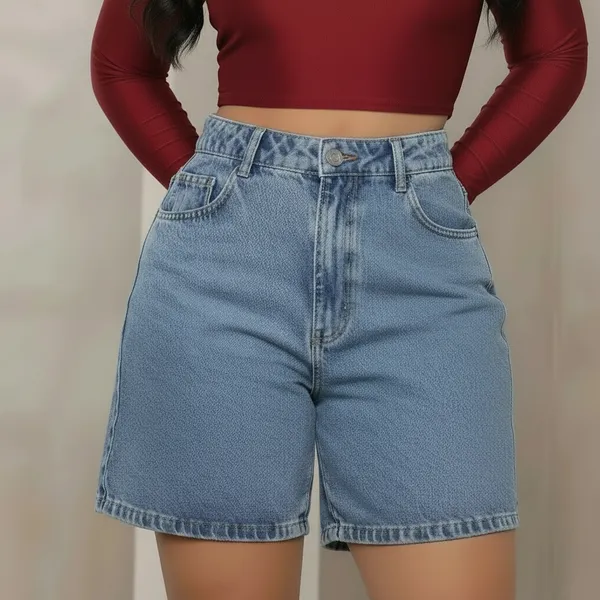 Bermuda Feminina Mom Jeans Premium Bolsos Funcionais Cintura Alta Modelagem Confort Casual