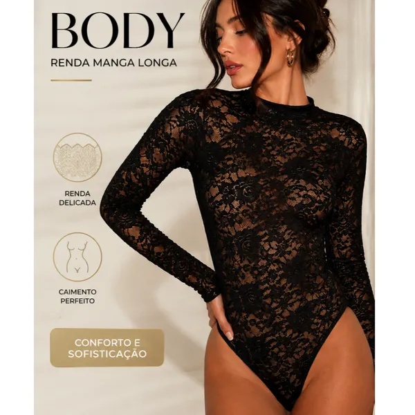 Body Feminino Sexy Renda Manga Longa Transparente Bori Elegante Sensual Bore Lingerie Bory