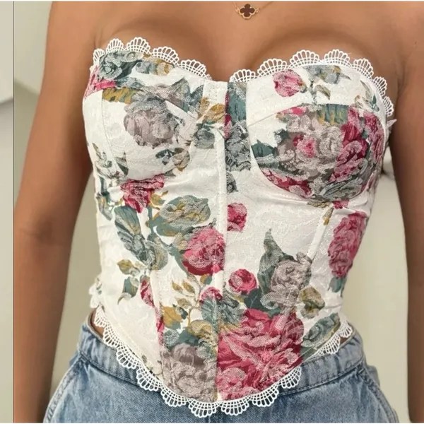 Corset Floral Tomara que Caia com Bojo e Amarração Traseira