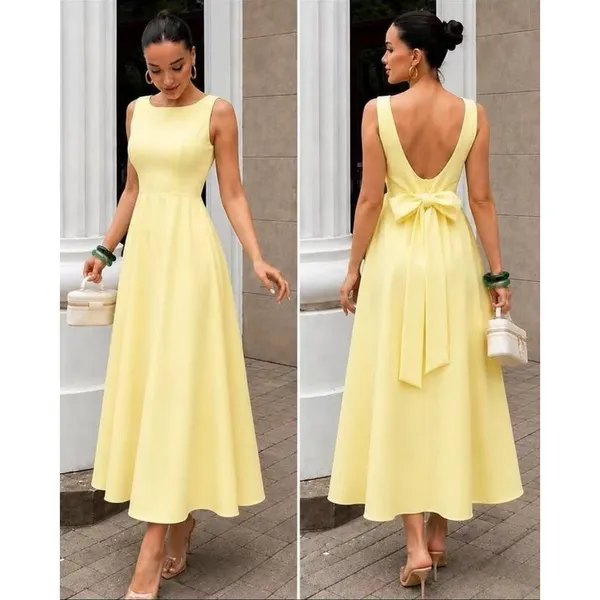 YAN FASHION | Vestido Longo Decote ​Canoa com Laço nas Costas — Alfaiataria Romântica e Elegante para Ocasiões Especiais