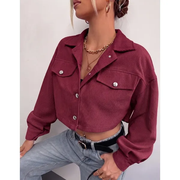 Jaqueta Feminino Casaco Cotelê Veludo Canelado Blusa Botões Bolsos Fake Casual Frio Inverno