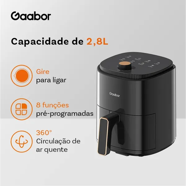 Gaabor Air Fryer 2,8L 800W 360° Ar Quente Timer 60 Min 200°C Antiaderente Sem BPA 8 Menus AF-35M02A