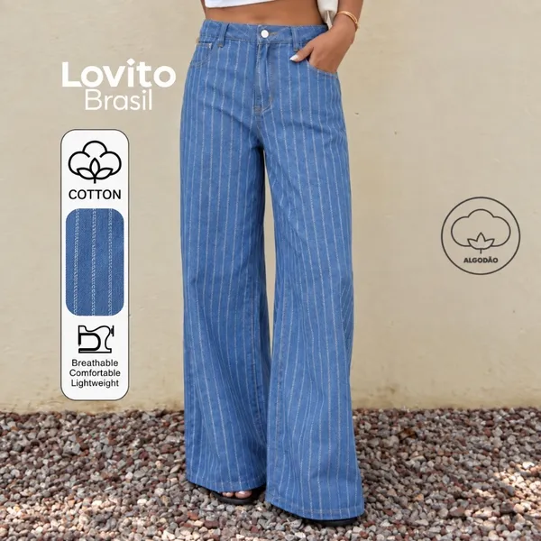 Lovito Calça Jeans Pantalona Feminina Listrada Cintura Alta PTB824BRL854