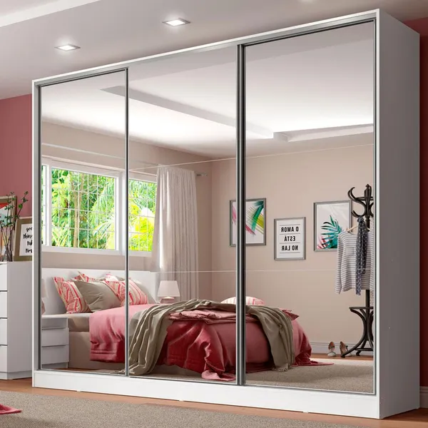 Guarda Roupa Casal 100% MDF com Espelho 3 Portas de Correr Madesa Royale