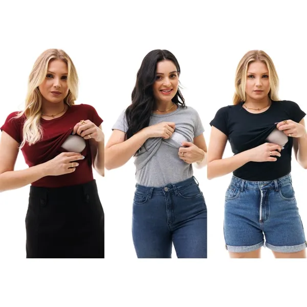 Kit com 3 blusas manga curta Amamentação Praticidade Maternidade Gravida