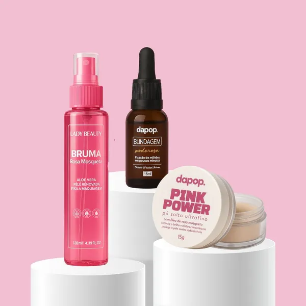 Kit Blindagem Dapop, Bruma Rosa Mosqueta Lady Beauty e Pó Pink Power Dapop Preparação e Finalização
