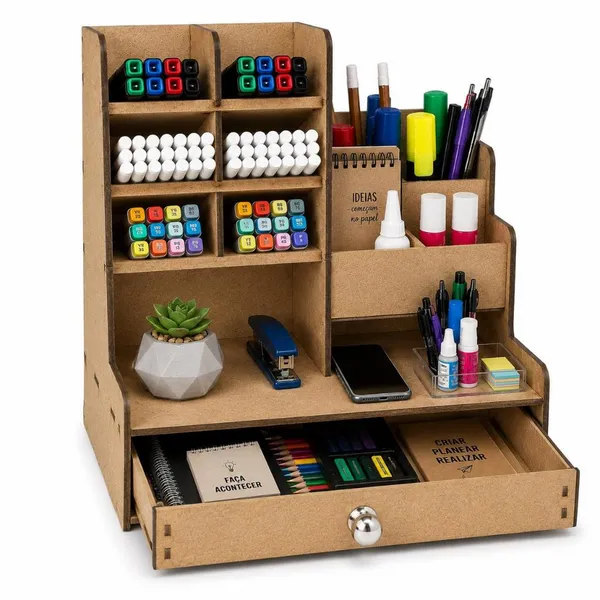 Organizador De Mesa  Escritório Multiuso C/ Gaveta Nicho Mdf Canetas
