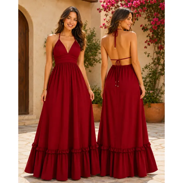 Vestido Longo Feminino Elegante Frente Única Costas Nuas Fluido Amarração Ajustável Festa