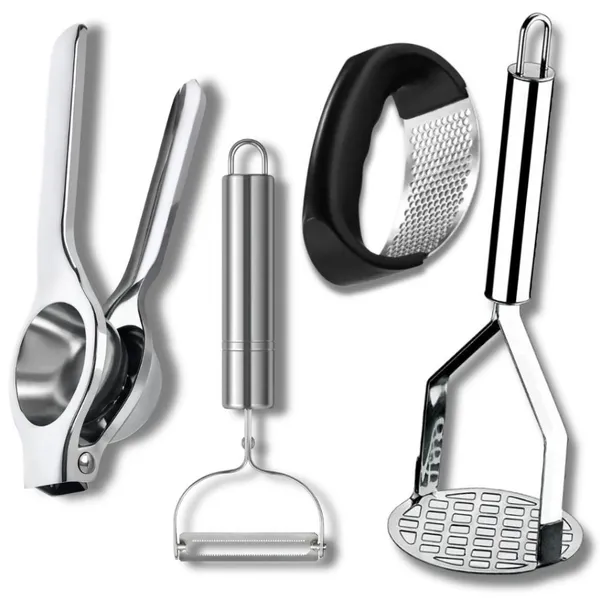 KIT COZINHA DESCASCADOR DE LEGUMES AMASSADOR DE BATATAS ESPREMEDOR DE LIMÃO E ALHO EM AÇO INOX