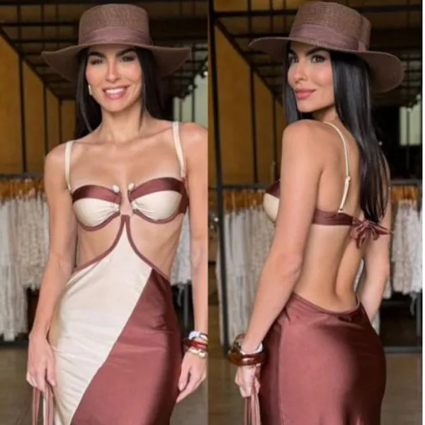 Conjunto Biquíni Feminino com Saída Longa Luxo Bicolor Recorte | Moda Praia Elegante Verão