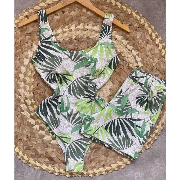 Conjunto Body Maio Suplex ​Feminino Estampado Short Cintura Alta Verão Tendência Moda Blogueira Bory