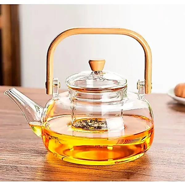 Chaleira de Vidro 1 Litro com Tampa de Bambu Premium Borossilicato e Alça de Bambu