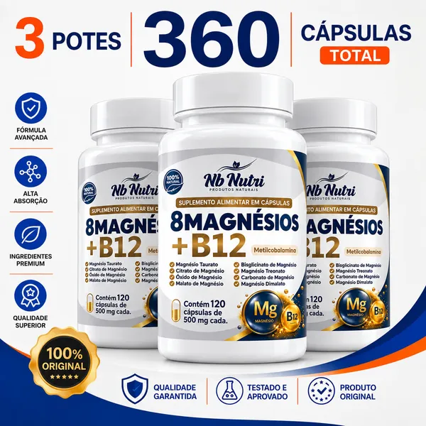 8 Magnésios + Vitamina B12 Metilcobalamina 500mg 120 Cápsulas – Fórmula Avançada