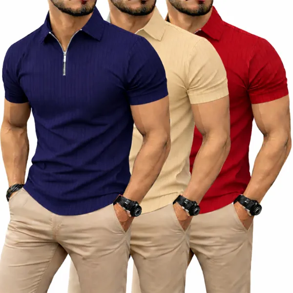 Kit 3 camisas Camiseta Polo Manga Curta  Com Ziper Masculina  Malha Canelada