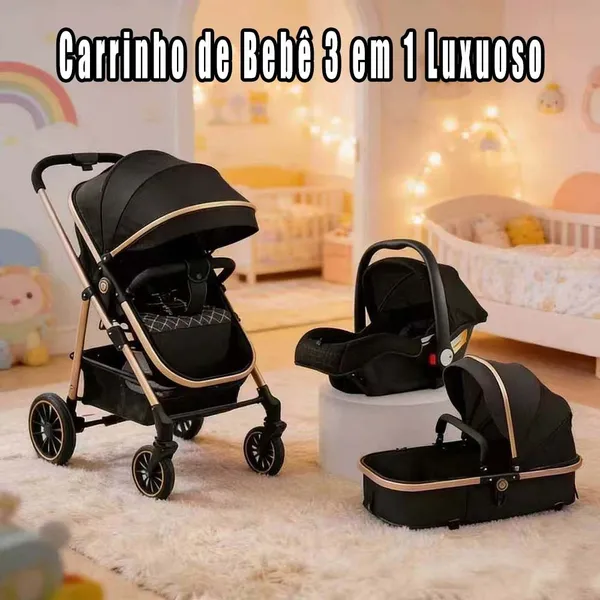 Carrinho de Bebê 3 em 1 Completo Inclui Moisés e Bebê Conforto - Seguro e Confortável,Seleção da Mamãe!