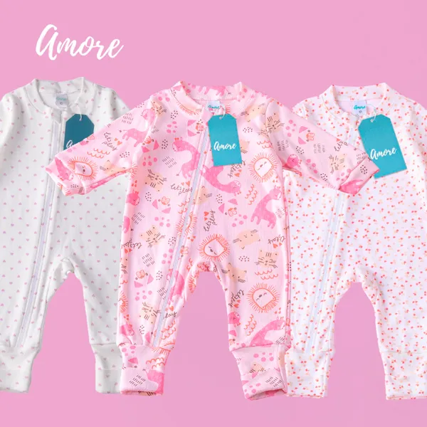 3 Macacões Bebê Amore Mais Vendidos Vira Pé com Zíper Menina Algodão