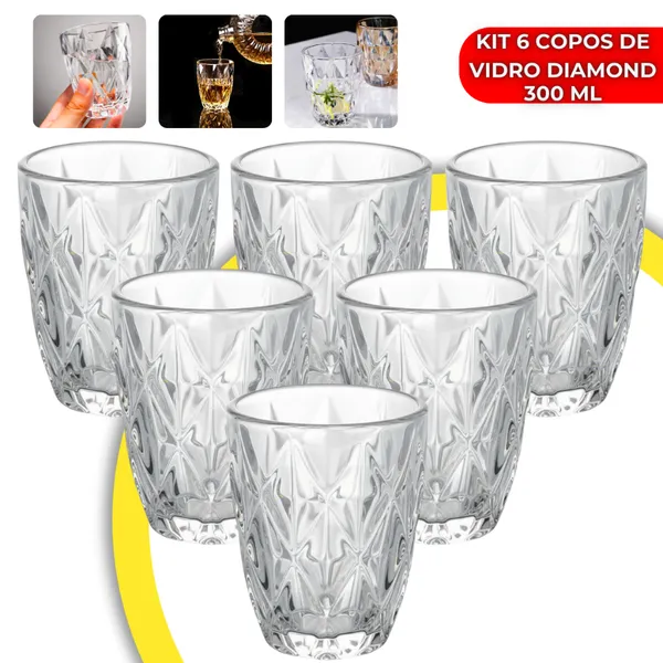 JOGO 6 COPOS DIAMOND 300ML VIDRO GROSSO DIAMANTE LUXO TRANSPARENTE RESISTENTE MODERNO ELEGANTE